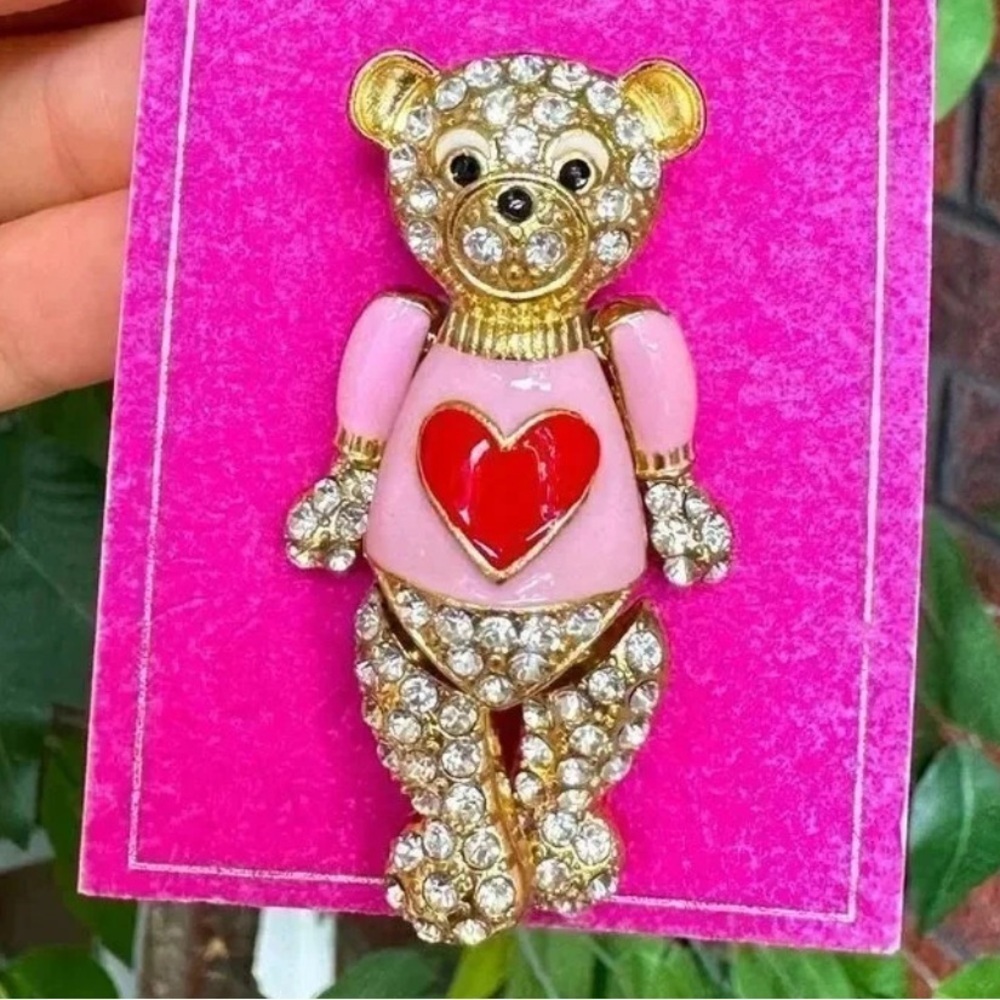 Pink Bear Heart Crystal Brooch